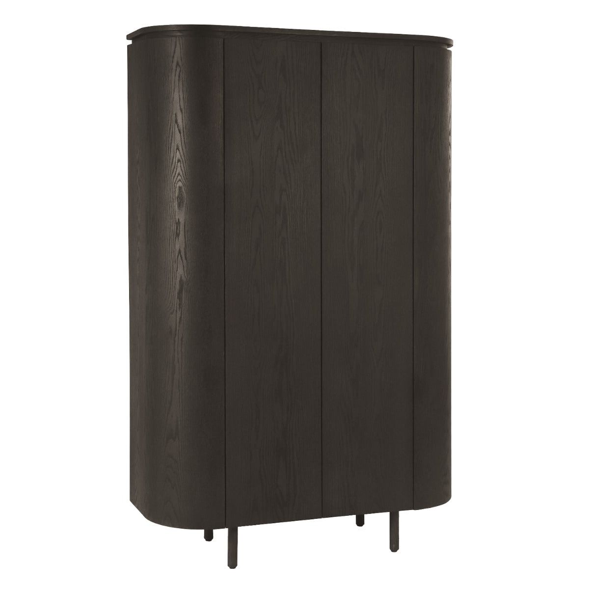 Opbergkast Tobago van Livingfurn in espresso eiken, hoge kast met ronde zijkanten en lattendeuren
