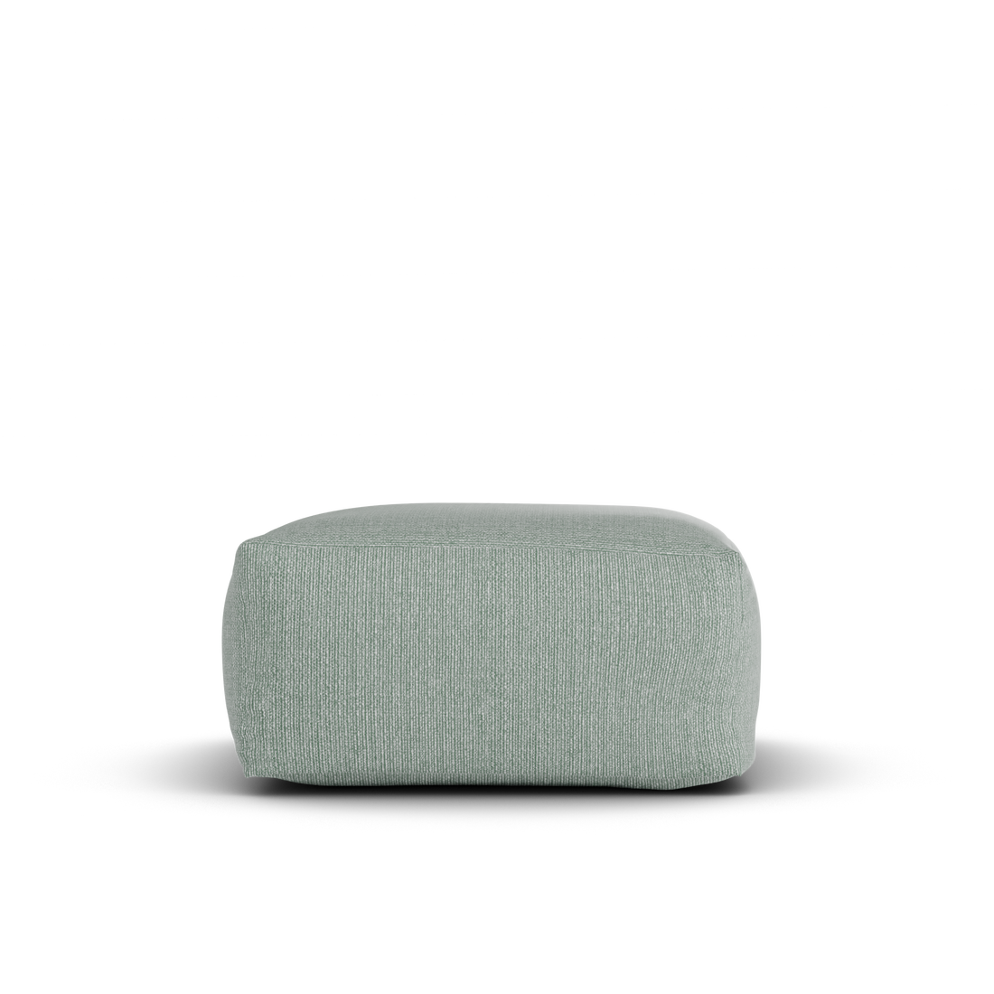 Zijaanzicht van de zeegroene Square Pouf van Laui Lounge met zithoogte 34 cm