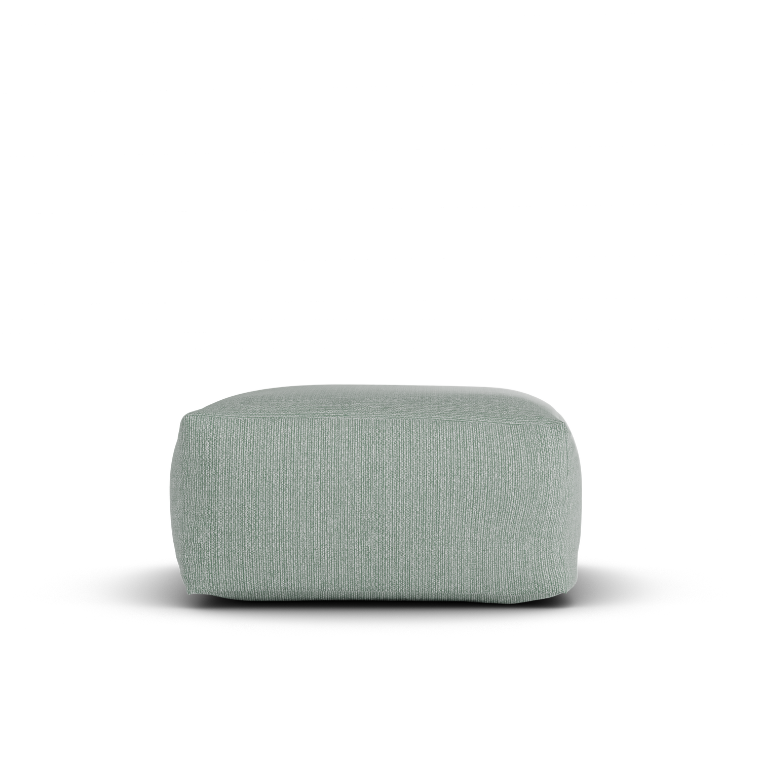Zijaanzicht van de zeegroene Square Pouf van Laui Lounge met zithoogte 34 cm