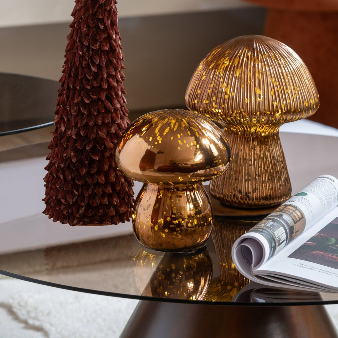 Paddenstoel Led Gestreept Glas Bruin - Tafellamp - J-Line - livinglovely.nl