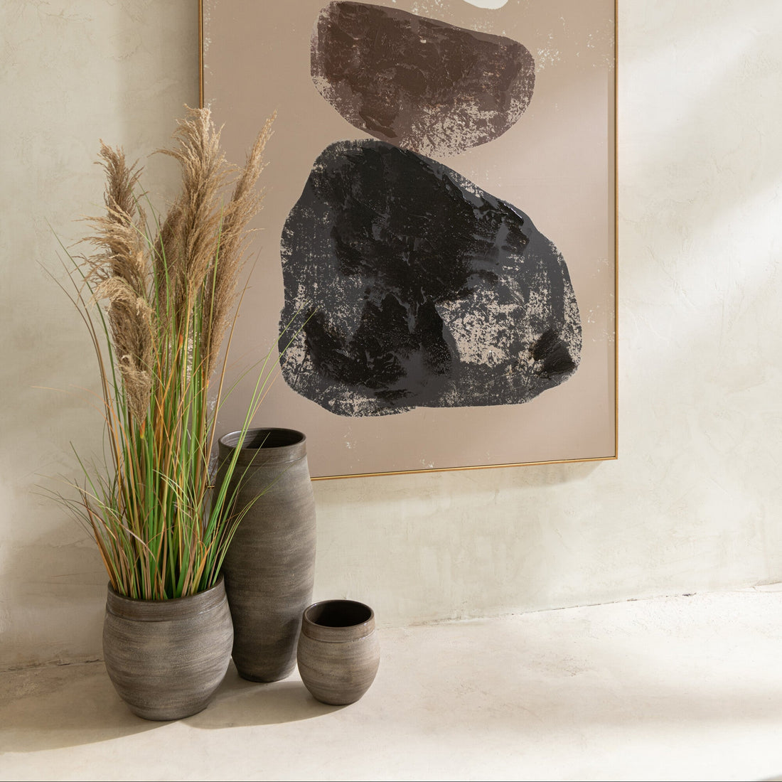 Pampas Gras 5 Koppen In Pot Pvc Groen/Beige Small - Kunstplant - J-Line - livinglovely.nl