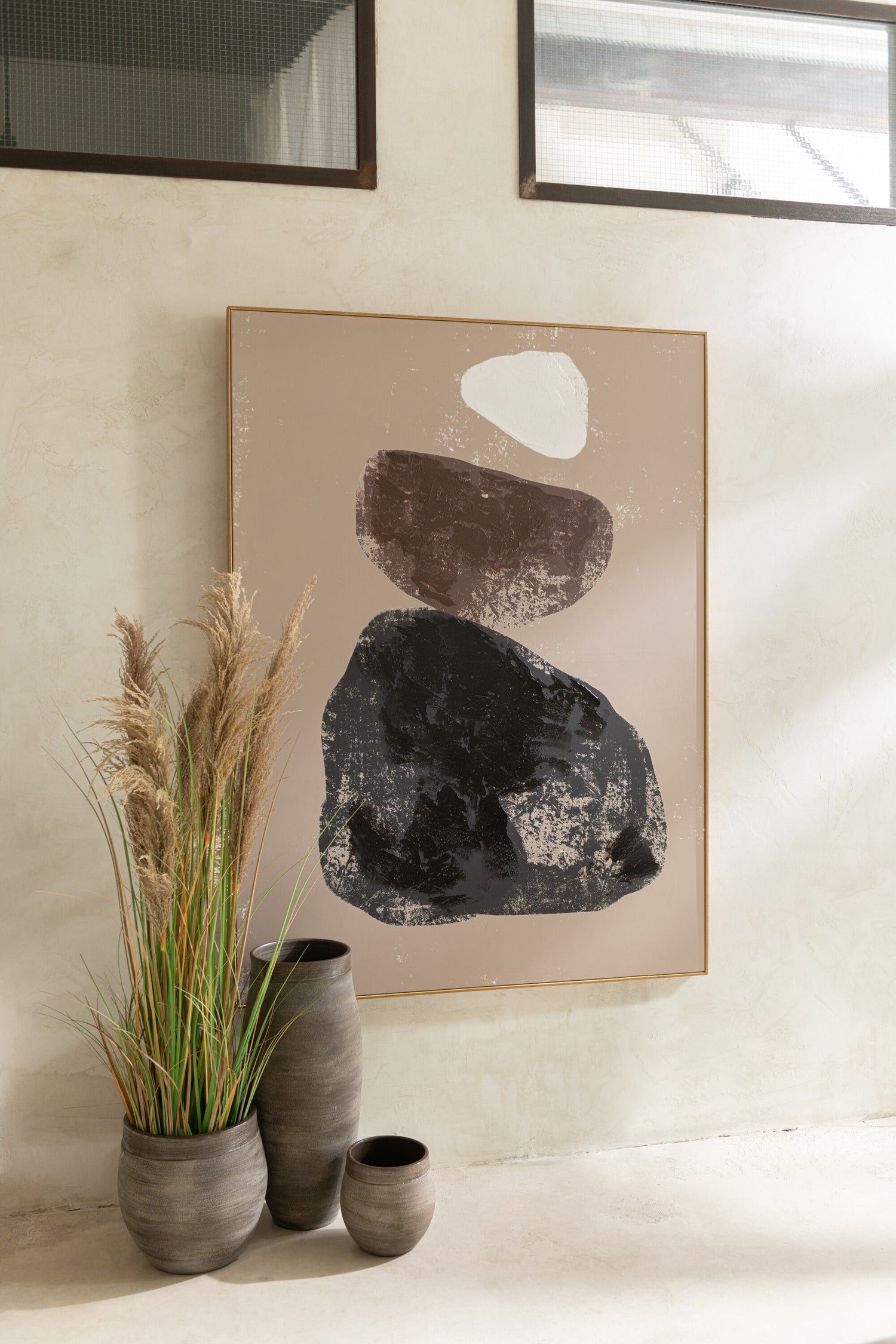 Pampas Gras 5 Koppen In Pot Pvc Groen/Beige Small - Kunstplant - J-Line - livinglovely.nl