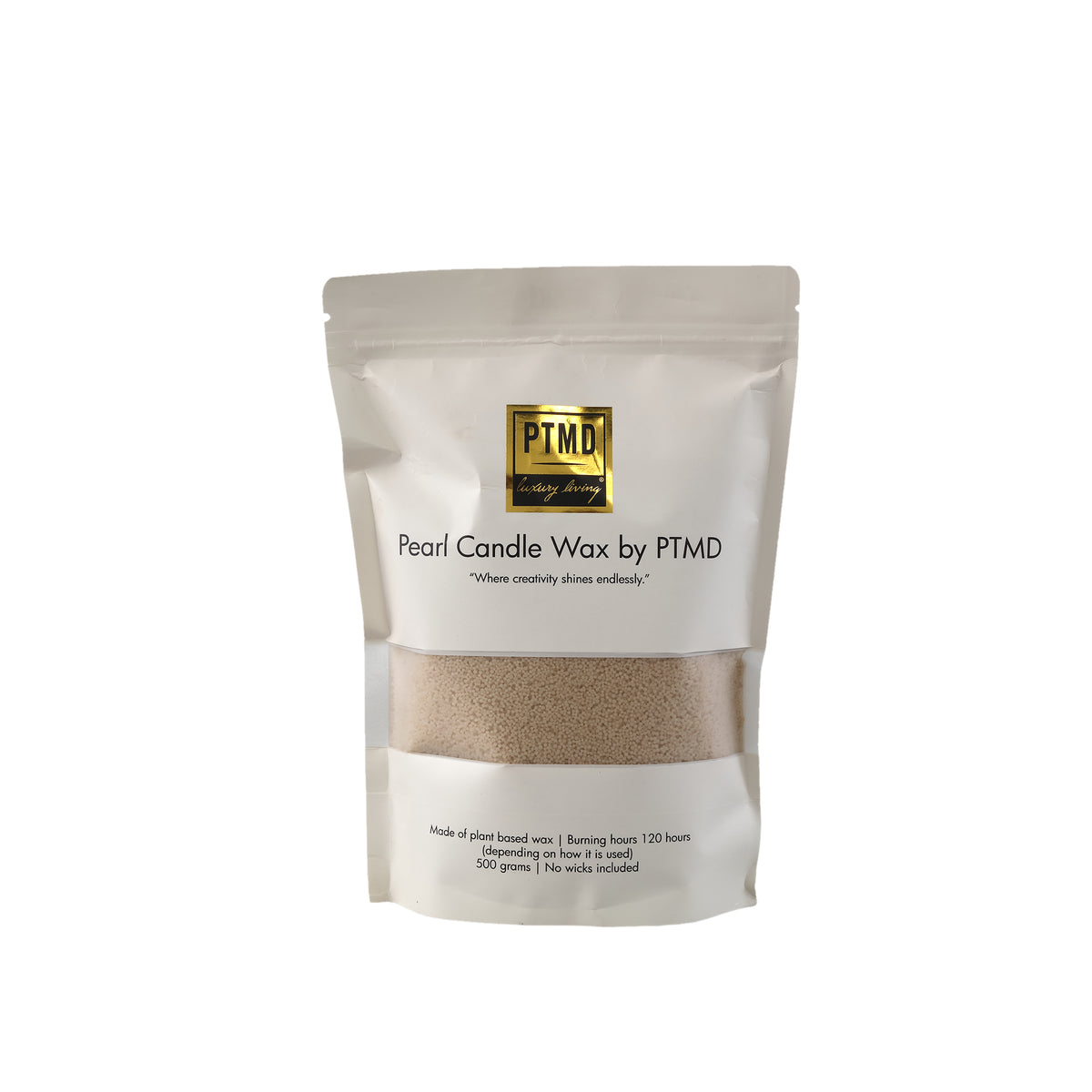Pearl Kaarsenzand Beige 500 Gram van PTMD, zak met beige waxparels op witte achtergrond