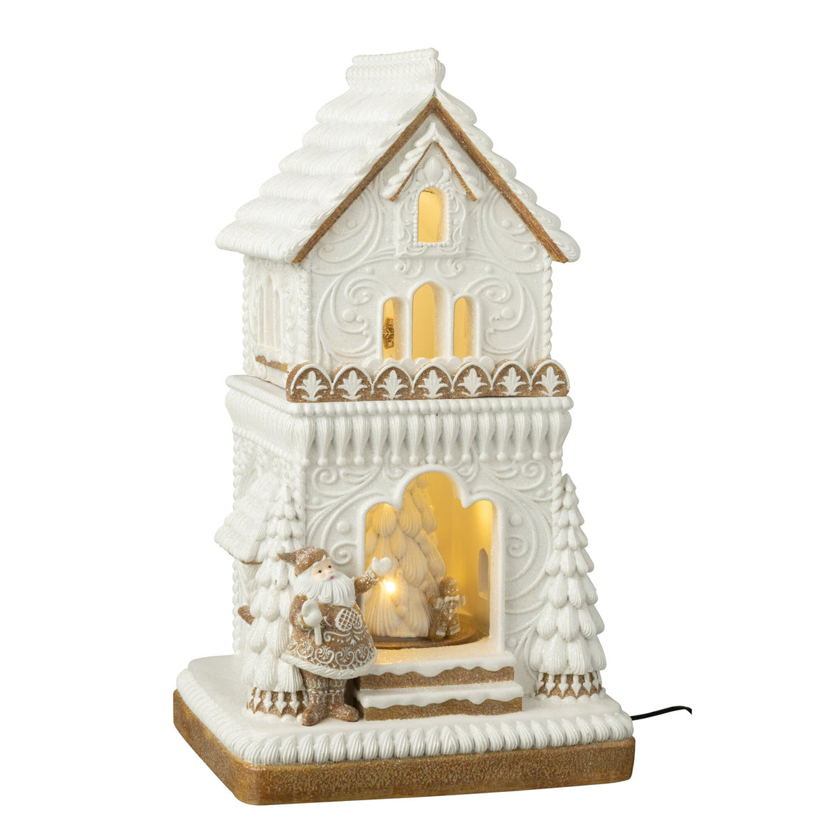 Peperkoekenhuis met led en kerstman van J-Line in beige en wit, 46,5cm hoog