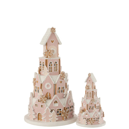 Roze met wit peperkoekenhuis van J-Line van opzij, dakpannen en snoepdecoratie