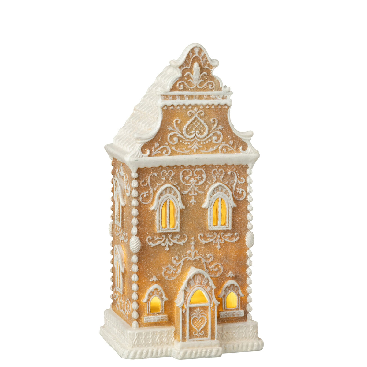Peperkoekhuisje Met Led van J-Line, huisje van kalksteenpoeder in beige met witte glazuurdetails, 34,5cm hoog
