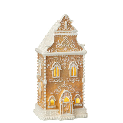 Peperkoekhuisje Met Led van J-Line, huisje van kalksteenpoeder in beige met witte glazuurdetails, 34,5cm hoog