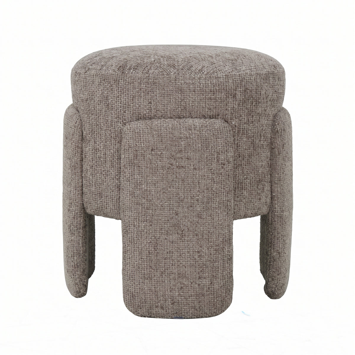 Pico Poef Stof Taupe Rond Legacy van PTMD, compacte ronde poef in taupe stof op witte achtergrond