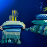 Plaid Strepen + Kwastjes Katoen Blauw J-Line - Poef - J-Line - livinglovely.nl