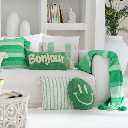 Plaid Strepen + Kwastjes Katoen Groen J-Line - Poef - J-Line - livinglovely.nl