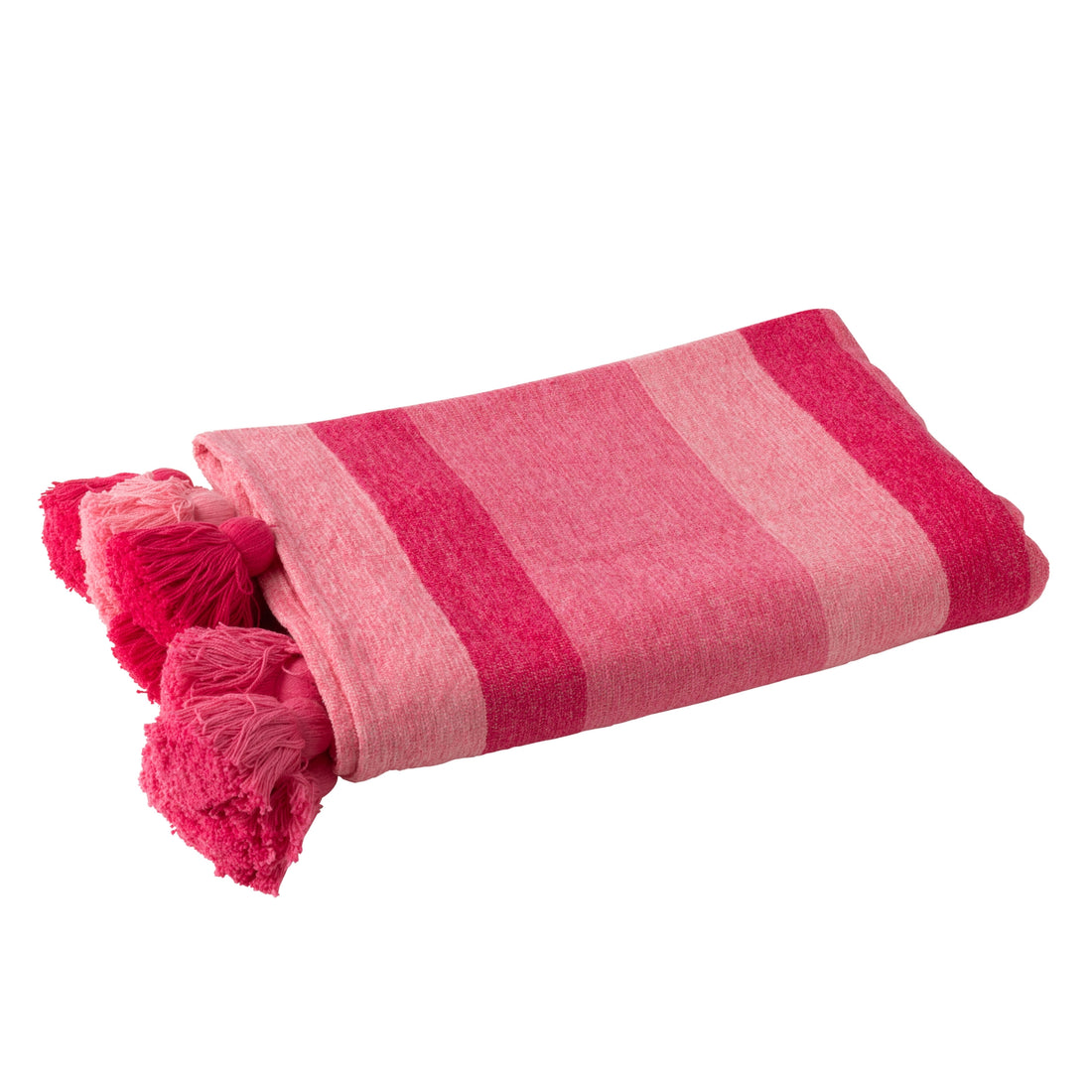 Plaid Strepen + Kwastjes Katoen Roze J-Line - Poef - J-Line - livinglovely.nl