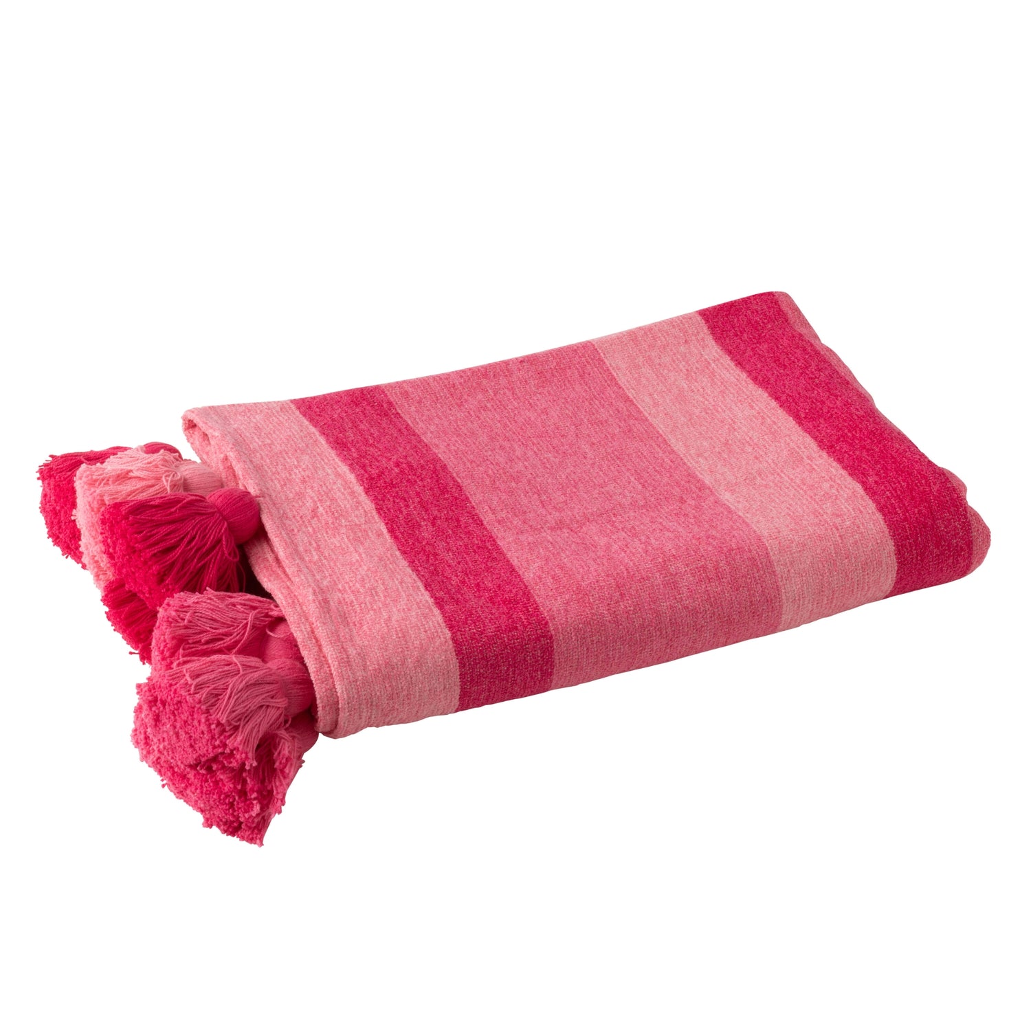Plaid Strepen + Kwastjes Katoen Roze J-Line - Poef - J-Line - livinglovely.nl