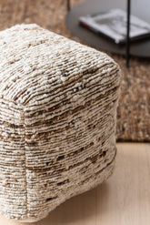 Poef Geweven Wol Ecru/Bruin 45x45x45cm J-Line - Poef - J-Line - livinglovely.nl