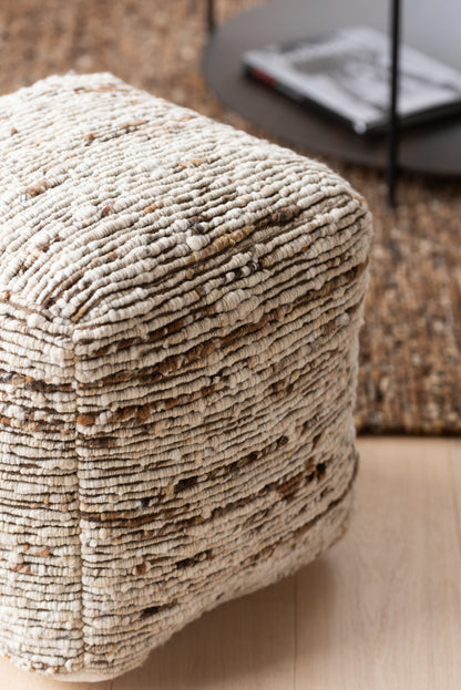 Poef Geweven Wol Ecru/Bruin 45x45x45cm J-Line - Poef - J-Line - livinglovely.nl