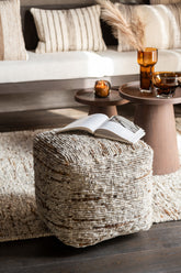 Poef Geweven Wol Ecru/Bruin 45x45x45cm J-Line - Poef - J-Line - livinglovely.nl