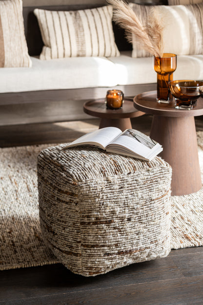 Poef Geweven Wol Ecru/Bruin 45x45x45cm J-Line - Poef - J-Line - livinglovely.nl