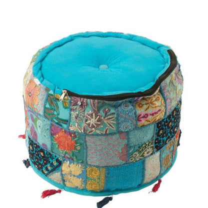 Poef Rond Patronen + Kwasten Katoen Blauw - Poef - J-Line - livinglovely.nl