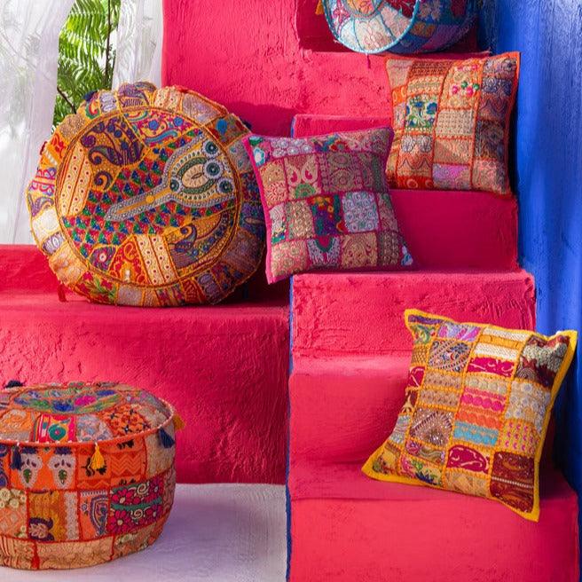 Poef Rond Patronen + Kwasten Katoen Blauw - Poef - J-Line - livinglovely.nl