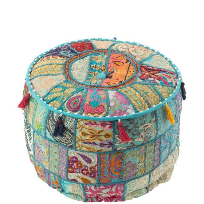 Poef Rond Patronen + Kwasten Katoen Blauw - Poef - J-Line - livinglovely.nl