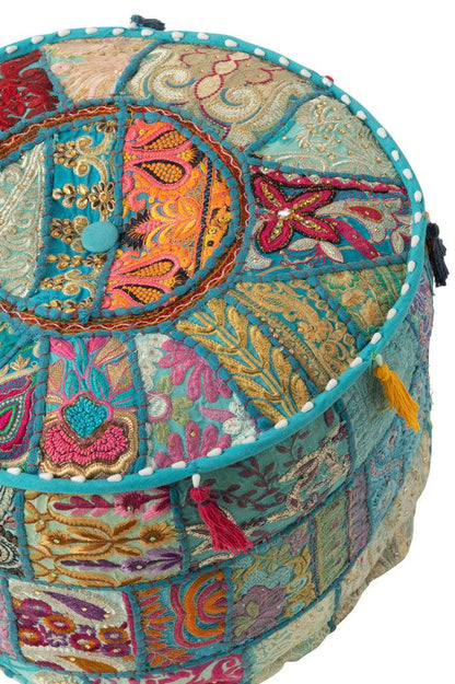 Poef Rond Patronen + Kwasten Katoen Blauw - Poef - J-Line - livinglovely.nl