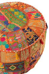 Poef Rond Patronen + Kwasten Katoen Oranje - Poef - J-Line - livinglovely.nl