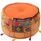Poef Rond Patronen + Kwasten Katoen Oranje - Poef - J-Line - livinglovely.nl