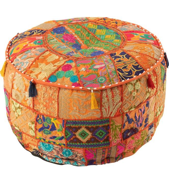 Poef Rond Patronen + Kwasten Katoen Oranje - Poef - J-Line - livinglovely.nl