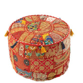 Poef Rond Patronen + Kwasten Katoen Rood - Poef - J-Line - livinglovely.nl