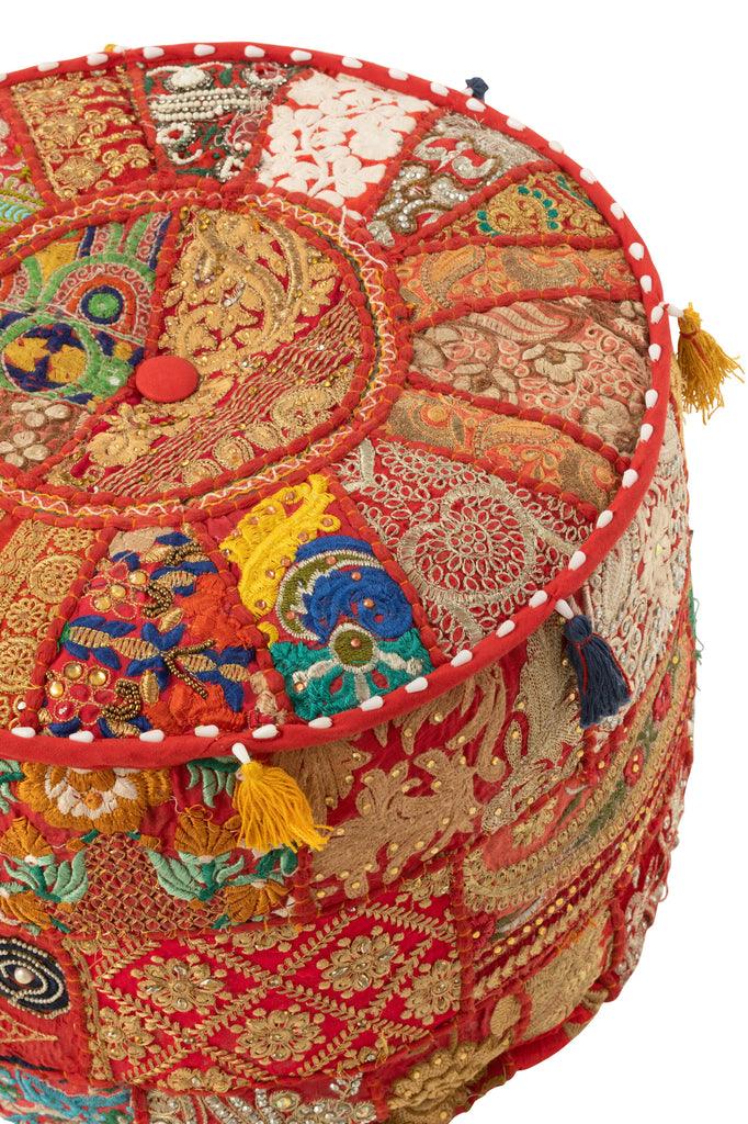 Poef Rond Patronen + Kwasten Katoen Rood - Poef - J-Line - livinglovely.nl