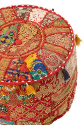 Poef Rond Patronen + Kwasten Katoen Rood - Poef - J-Line - livinglovely.nl