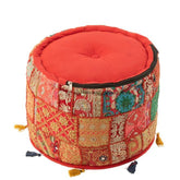 Poef Rond Patronen + Kwasten Katoen Rood - Poef - J-Line - livinglovely.nl