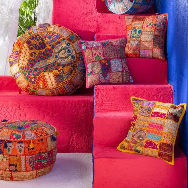 Poef Rond Patronen + Kwasten Katoen Rood - Poef - J-Line - livinglovely.nl