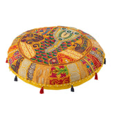 Poef Rond Plat Patronen + Kwasten Katoen Geel - Poef - J-Line - livinglovely.nl