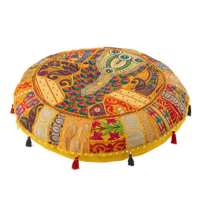 Poef Rond Plat Patronen + Kwasten Katoen Geel - Poef - J-Line - livinglovely.nl