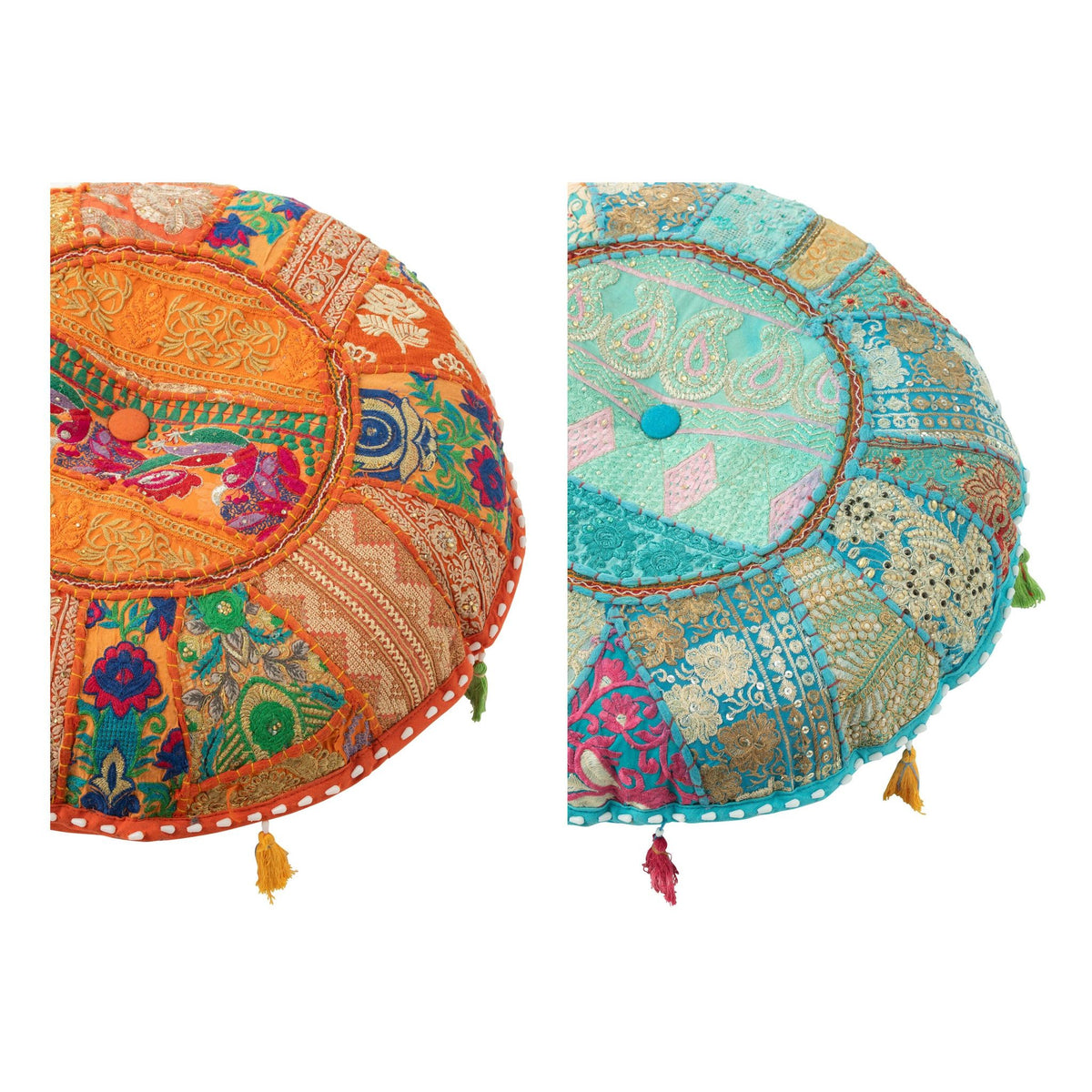 Poef Rond Plat Patronen + Kwasten Katoen Oranje/Blauw Set van 2 J-Line