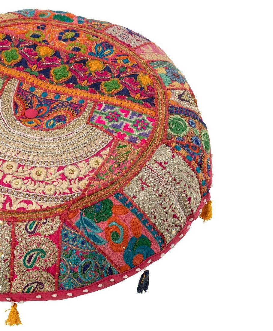 Poef Rond Plat Patronen + Kwasten Katoen Roze - Poef - J-Line - livinglovely.nl