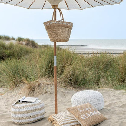 Poef Rond Strepen Geweven Plastiek Wit/Naturel - Poef - J-Line - livinglovely.nl