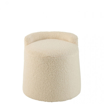 Poef Teddy Rond + Rugleuing Bouclé Wit 40x40x38cm - Poef - J-Line - livinglovely.nl