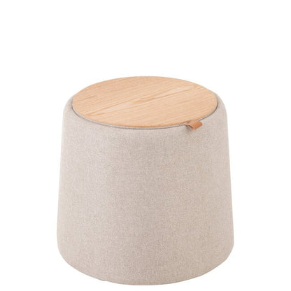 Poef/Bijzettafel Rond Textiel/Hout Beige - Poef - J-Line - livinglovely.nl