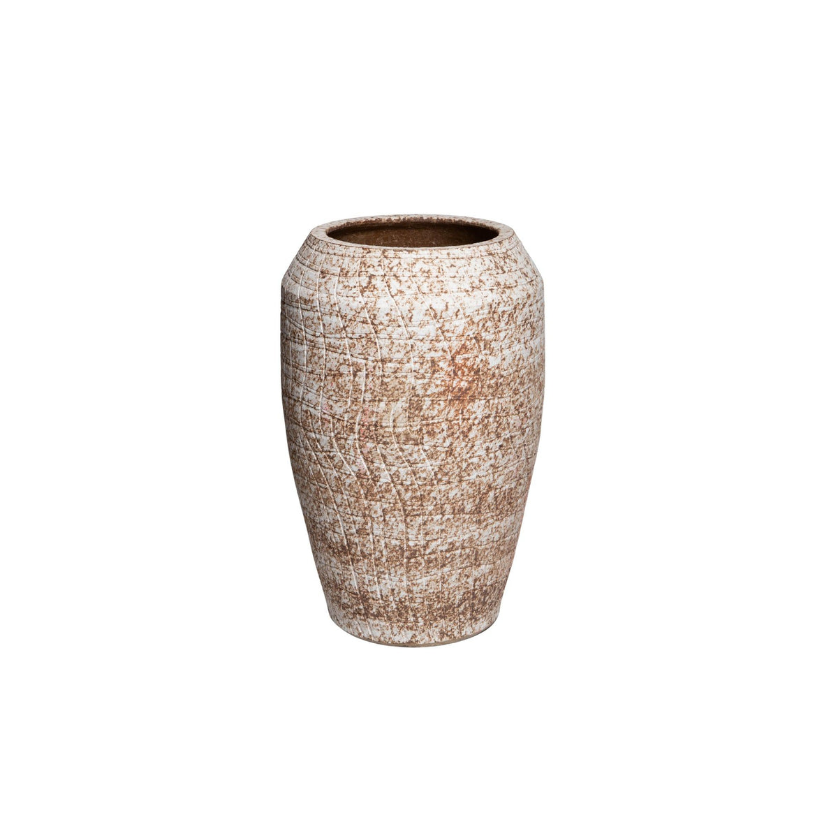 Pot Vikki Beige Keramiek Hoog Rond Klein van PTMD, hoge beige keramieken pot op witte achtergrond