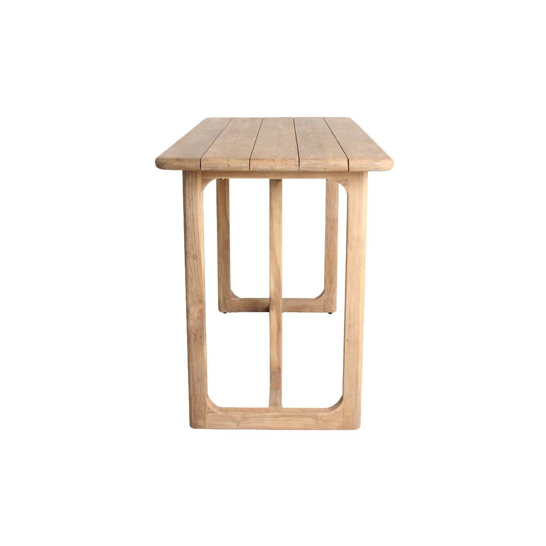 Primavera Teakhouten Bartafel 160cm van Raw Materials, vooraanzicht van het brede tafelblad