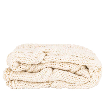 Rama Plaid Wol Handgebreid Crème van PTMD, vooraanzicht, handgebreide crèmekleurige wollen plaid