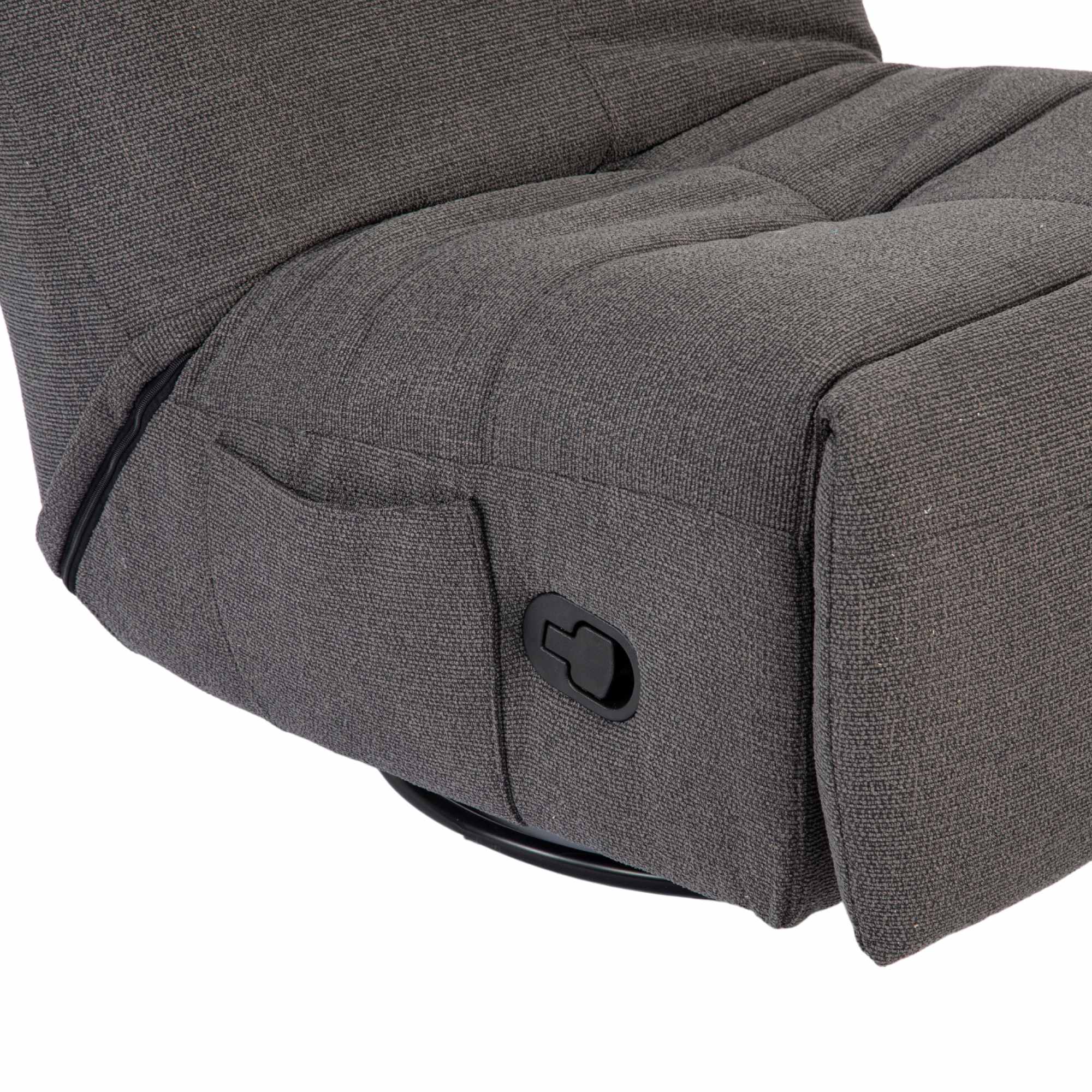 Relaxfauteuil Lazy van Starfurn in donkergrijze stof met uitgeklapte voetsteun, zijaanzicht