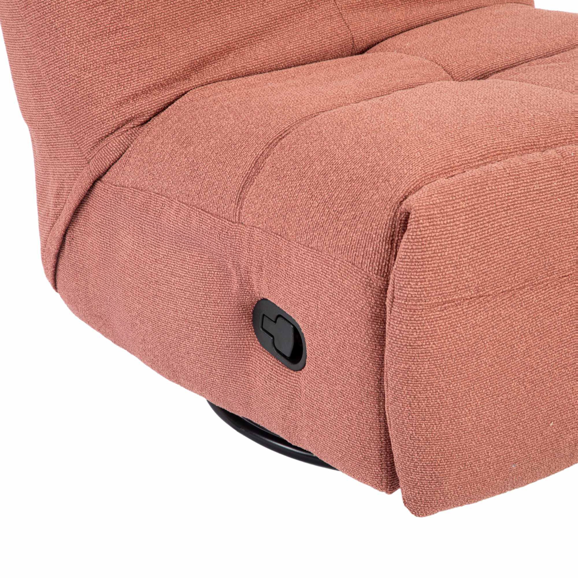 Relaxfauteuil Lazy van Starfurn in roze stof, zijaanzicht met de rugleuning gekanteld