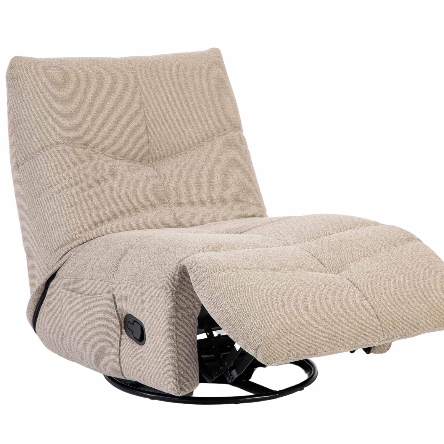 Relaxfauteuil Lazy van Starfurn in taupe met zicht op de zwarte hendel aan de zijkant