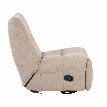 Relaxfauteuil Lazy van Starfurn in taupe stof, detail van de kruisstiksels op de zitting