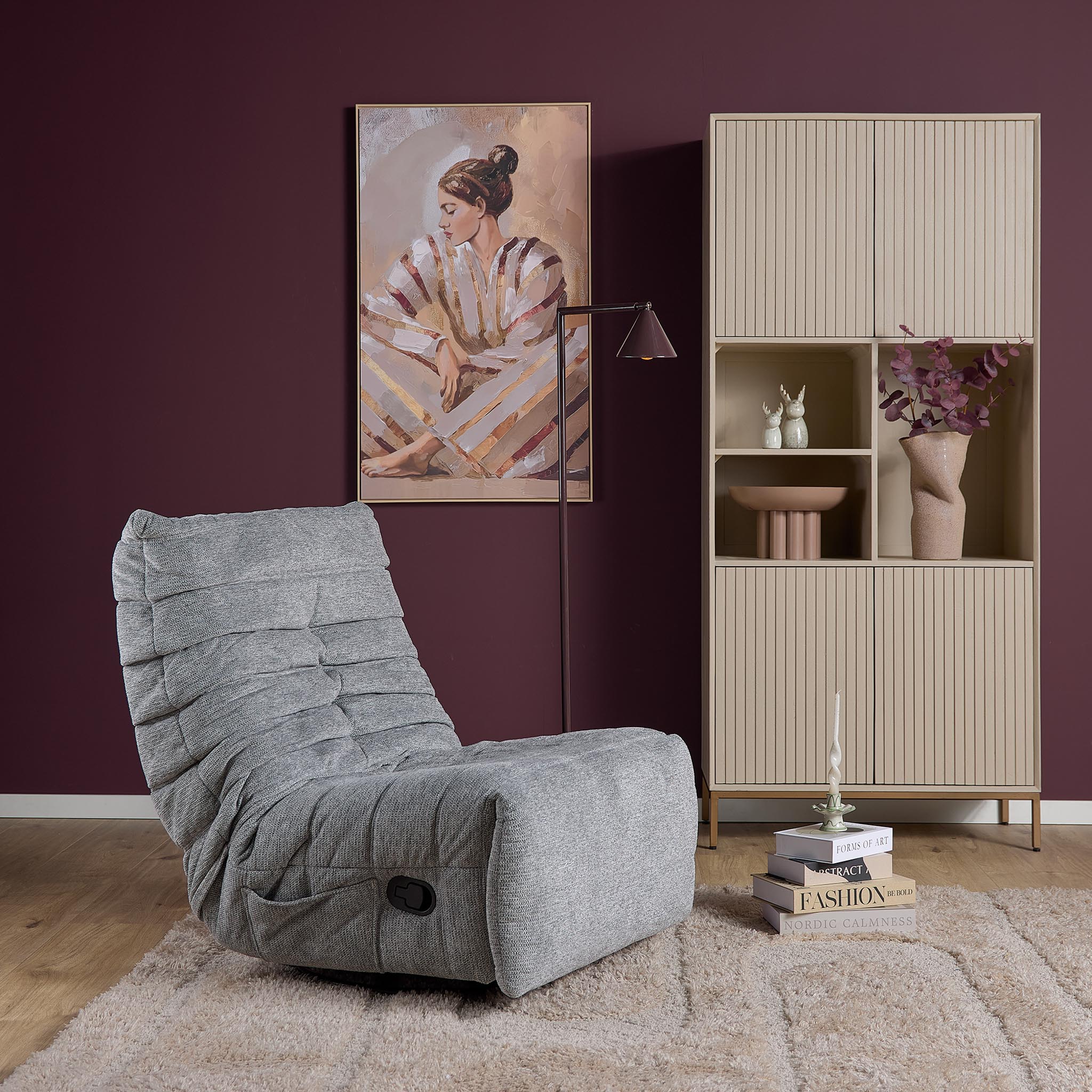 Relaxfauteuil Zen van Starfurn in grijs, detail van het draaibare onderstel