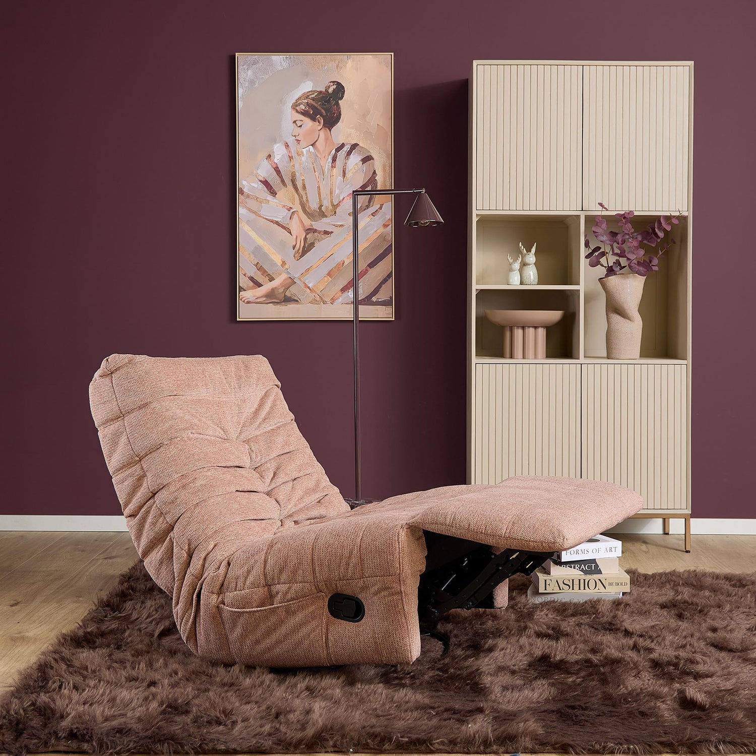 Relaxfauteuil Zen van Starfurn in roze stof, bovenaanzicht van de zachte zitting