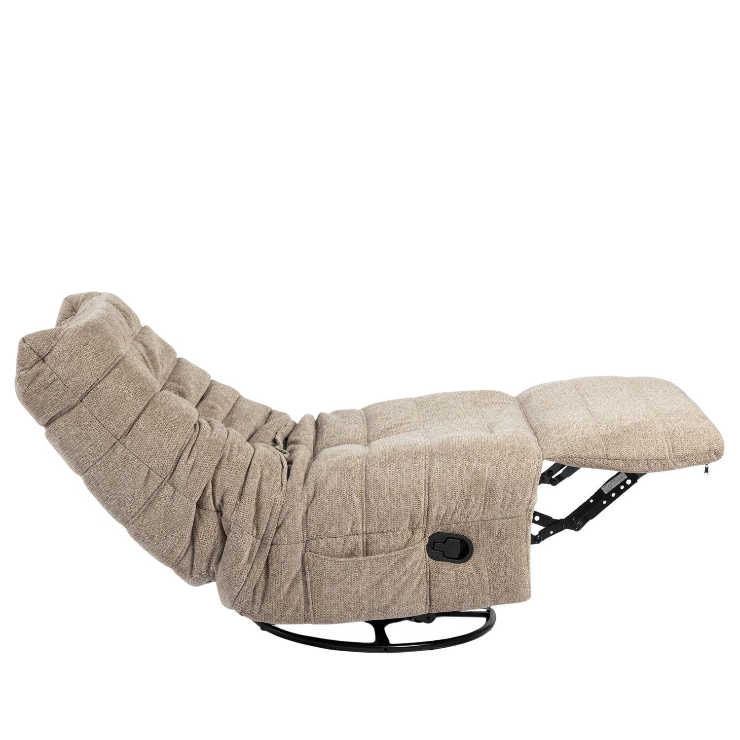 Relaxfauteuil Zen van Starfurn in taupe stof, zijaanzicht met zicht op de zwarte hendel