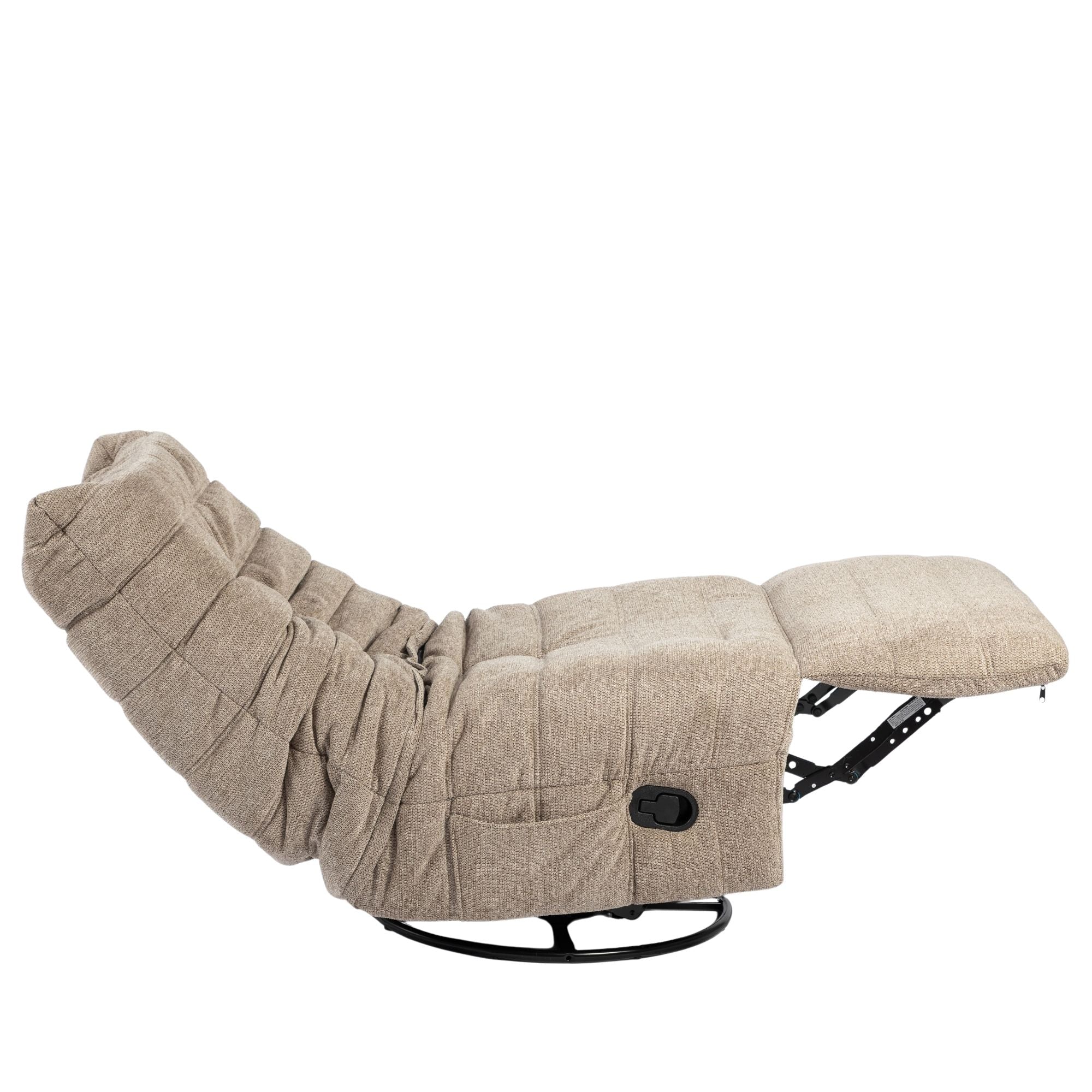 Relaxfauteuil Zen van Starfurn in taupe stof, zijaanzicht met zicht op de zwarte hendel